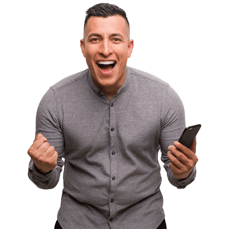 Excited man holding a cell phone