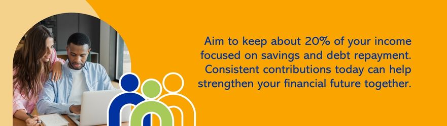 Aim to keep about 20% of your income focused on savings and debt repayment. Consistent contributions today can help strengthen your financial future together.